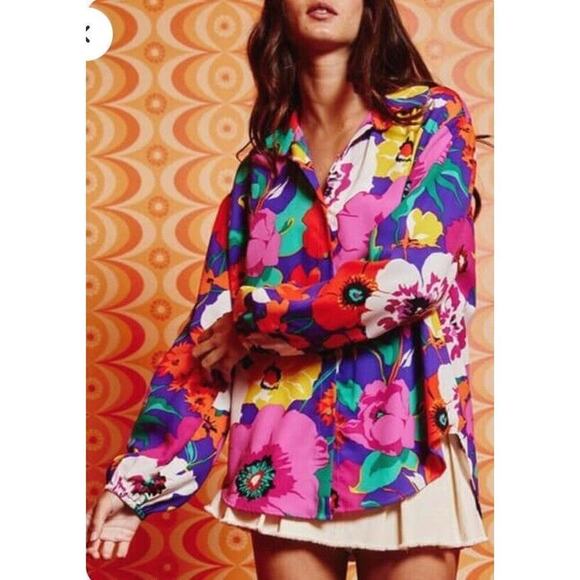 Bucket List Bright Floral Long Sleeve Button Front Blouse Size L - Picture 1 of 14